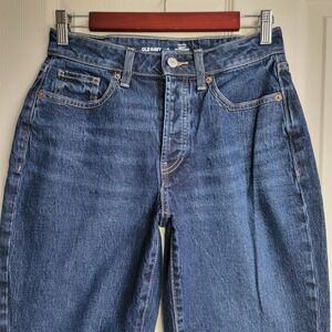 Old Navy Curvy High Waisted Straight Leg Jeans‎ Dark Wash Raw Hem Button Down 28